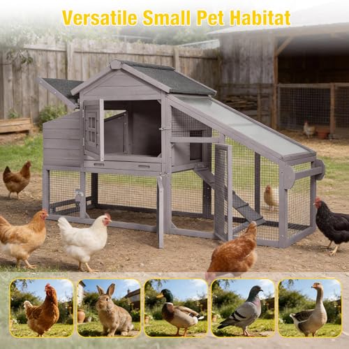 Aivituvin Chicken Coop with Run and Wheels, Mobile Outdoor Hen House Wooden Poultry Cage with Waterproof Roof (Grey, AIR23) - color: Grey, size: 67.3"L x 26.0"W x 39.4"H
