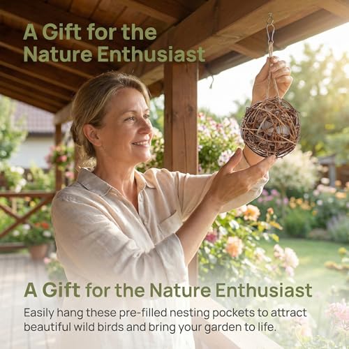 Totority Bird Nesting Material Holders, Hanging Cotton-Filled Garden Decor | 3Pcs Hanging Wood Holders Filled with Cotton Material for Seasonal Garden Displays and Outdoor Bird-Watching Areas