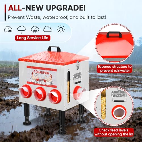 55 lbs Large Capacity Automatic Chicken Feeder - 8 Feeding Ports, No Waste Chicken Feeder, Height-Adjustable Legs & Secure Locking Lid for Chickens, Ducks & Poultry