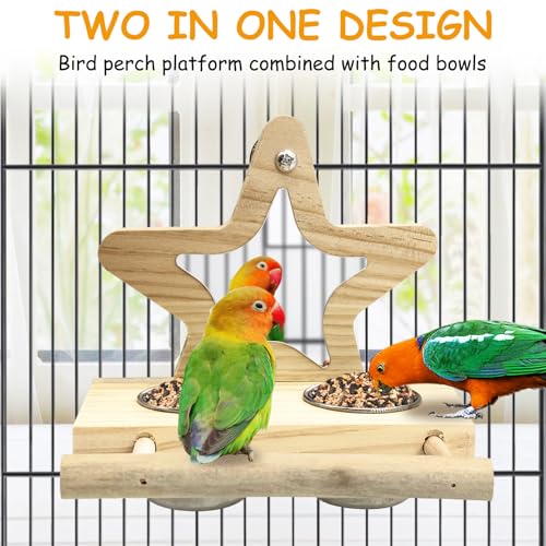 Tfwadmx Parrot Wooden Feeding Cups with Wooden Platform Stainless Steel Birds Bowls Food Water Bowls with Bird Food Holder for Cockatiel Conure Budgie Parakeet Macaw Lovebird