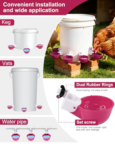 Chicken Waterer Cups (16 Pack) with 3/8" Drill Bit - Purplish Red | Automatic Poultry Drinker Feeder Kit for Chickens, Ducks, Turkeys, Quail, Bunnies | DIY Gravity Fed Bucket Water Dispenser - color: Purplish Red, size: 16 Pack + Drill bit