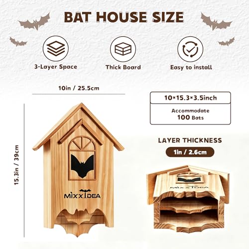 Bat House Bat Box Double Chamber Outdoor House Nursery Bat Shelter Habitatbig bat Box Handcrafted from Cedar Wood Easy for Bats to Land and Roost Weather Resistant & Ready to Install（Brown - color: Brown