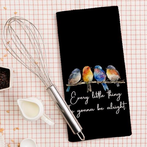 Every Little Thing is Gonna Be Alright Kitchen Towels 16x24 Inch, Sparrow Bird Gifts for Bird Lovers Women, Inspirational Quotes Tea Hand Towels(Black) - color: Black