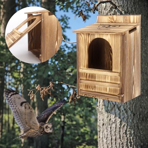 Owl House for Outdoors - 9.1x7.5x14.6 Inch Wooden Owl Nesting Box, Bird Houses for Outside with Secure Entrance & Ventilation, Easy to Install on Trees