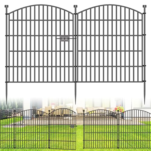 10 Panel No Dig Decorative Garden Fence with Gate 32"H x 23.6'L Dog Barrier | Rustproof welded Metal with deep stakes for outdoor yards, patios. Modular design contains pets, rabbits, small animals. - size: 32 in(H) X 23.6 ft(L)