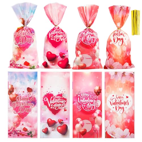 100 Pack Valentine Treat Bags,Valentines Cellophane Treat Bags, Plastic Valentines Goodie Bag Candy Cookie Bakery Heart Clear Gift Bag for Valentine's Day Holiday Wedding Party Favors Supplies - color: Valentines, size: 1 count (Pack of 100)