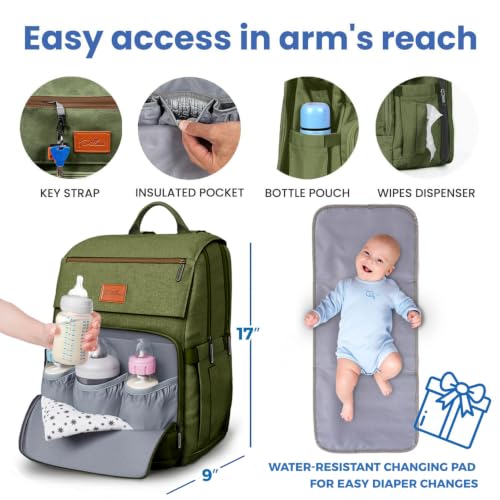 Baby Diaper Bag Backpack - Large Bag for Boys & Girls, Waterproof Diaper Backpack - Baby Shower Gifts for Boys - Toddler Diaper Bag with Changing Pad - Large Capacity, Wide Opening Easy Access - color: E. Army Green, style: Classic