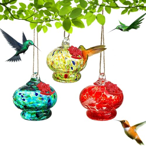 QFkris 3 Pack Small Glass Hummingbird Feeder for Outdoors Hanging | 3.2" Blown Glass Humming Bird Feeder with Flower Feeding Ports for Outside, Garden Backyard Decor, Gifts for Women - color: Multi