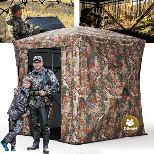 Hunting Blind 270 Degree See Through Ground Blind - 2-3 & 3-4 Person Pop Up Deer Blind for Hunting with Carrying Bag - 300D Reinforced Portable Durable Blind for Turkey and Deer - size: 2-3 Person(270° See Through)