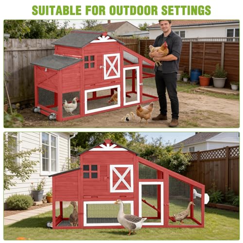 GUTINNEEN Chicken Coop with Wheels for 2-4 Chickens, Large Wooden Outdoor Hen House with Run, Waterproof & UV-Resistant Roof, Removable Leakproof Tray and Divided Nesting Box– Red - color: (Red-AIR32)