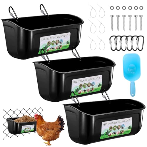 3 Pack Chicken Feeder, Duck Feeder Supplies, Hanging Fence Feed Trough with Clips for Goat, Sheeple, Piglet, Gooses, Turkeys, Dog Livestock Poultry, 8 Quarts in Total, Feed Scoop Included, Black - color: Black 3pcs