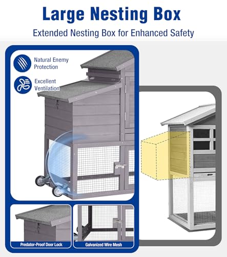 Mobile Chicken Coop with Wheels, Duplex Outdoor Chicken House with Expandable Run, Slide-Out Tray, Weatherproof Roof, Predator-Proof Hen House - Grey - color: 72.3"L Light Grey