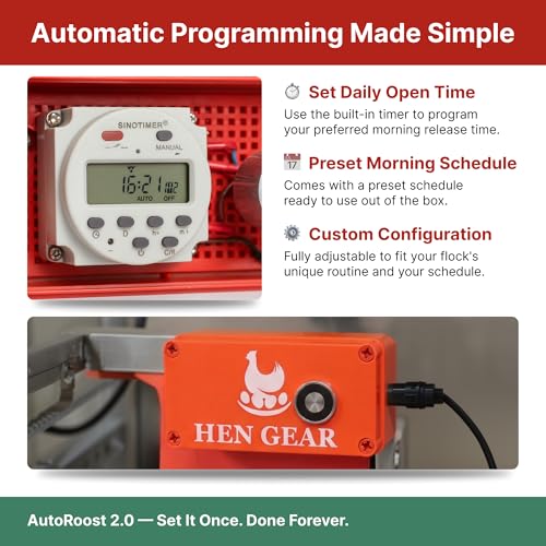 HenGear AutoRoost, Automatic Chicken Coop Door, Auto Chicken Opener, Timer | Electric Automatic Coop Opener Runs on a Timer to Lift the Nest Box Roost Bar Each Morning for Reliable Hen Access