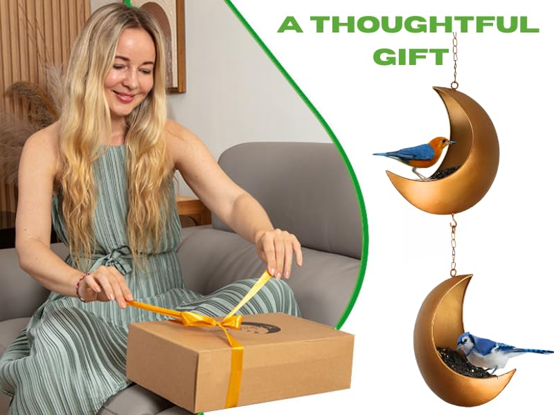 Double Hanging Moon Bird Feeder – Unique Metal Bird Feeders for Outdoors, Antique Gold, Rust-Resistant, Drain Holes – Wild Bird Feeder for Bluebirds, Cardinals, Finches, and Backyard Birdwatching