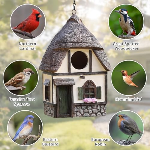 Bird Houses for Outside Cottage Birdhouse with Thatch Roof – Hand-Painted Resin Birdhouses for Outdoors for Bluebird Finches Cardinals Bird Nesting Garden, Patio, Yard - color: White