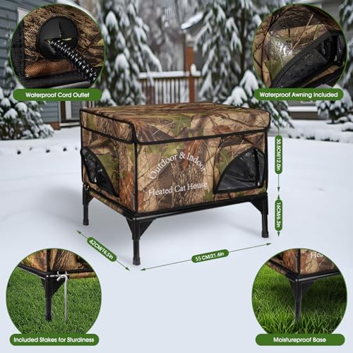Heated Cat House for Outside Cat in Winter, Insulated Outdoor Feral Cat Shelter with Cat Heating Pad, 2 Doors,Elevated Waterproof Heated Kitty House (Camouflage, 21.5"x16.5"x18") - style: camouflage Cat House 04