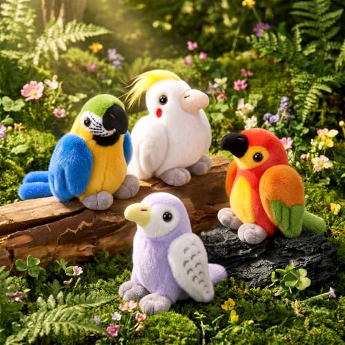 Soulchen 4 Pcs Parrot Birds Stuffed Animals Toy Gift Set 4.7 Inch | Macaw, Budgie, Cockatiel, Sun Conure Small Plush Parrot Stuffed Animal Doll Toys for Kids Boy Girl Birthday Party Bird Lovers