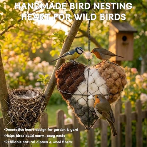 Bird Nesting Material Holder,Handmade Alpaca Fiber Bird Nesting Heart,Birds Nests Material Holder,Winter Fowl Gifts Animal Hummingbirds Lovers Home Garden Yard(1 Set) 111
