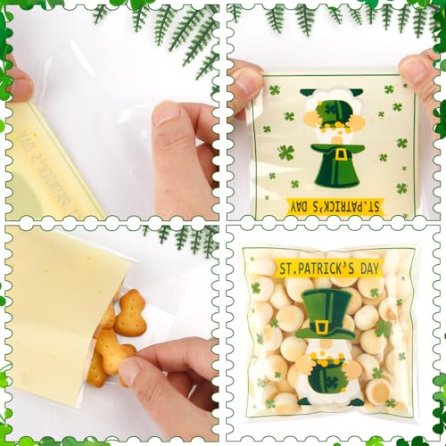 100 PCS Clear St Patricks Ziplock Bags, Plastic St Patricks Treat Gift Candy Goodie Snack Cookie Bags Party Favors Supplies for Gifts Giving Shamrock Bags Holiday Candy Bags Wrap - color: 100pcs St Patrick's bags