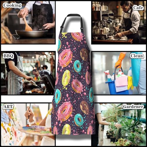 Chef Apron for Men Donuts Women Aprons for Kitchen Cooking Restaurant BBQ Painting Crafting 27” (W) x 31” (H), Waterproof Aprons - color: Donuts