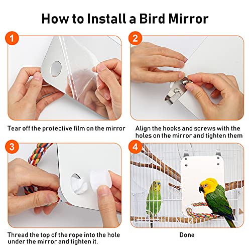 7‘’ Bird Mirror for Cage, Coolrunner Bird Parrot Mirror with Rope | for cockatiel conures, lovebirds, Parrot, canaries, and budgies - size: 7''