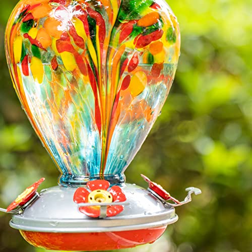 2 Packs Hummingbird Feeder for Outdoors Hanging Ant and Bee Proof, 32OZ & 34OZ, Hand Blown Glass Hummingbird Feeders for Outside, Blue & Teal | LaElvish Garden 2 Packs Hummingbird Feeder for Outdoors Hanging Ant and Bee Proof, 32OZ & 34OZ, - color: Blue &