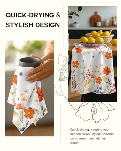 150GSM Flour Sack Kitchen Towels Set of 2, Red Flower | 18"x26", Lightweight, Lint-Free, Pure Cotton, Decorative, with Hanging Loop, Absorbent, Softer after Wash, Giftable Package - color: Red Flower