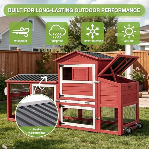 GUTINNEEN Large Outdoor Chicken Coop with Run, Mobile Hen House for 4-6 Chickens, Wooden Poultry Cage with Wheels, 2 Nesting Boxes, Waterproof Roof, Removable Pull-Out Tray-Red - size: 72.3"L x 26.0"W x 39.4"H