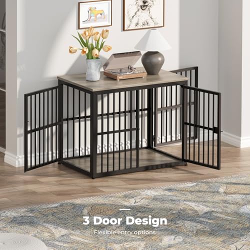 Lyromix 33'' Dog Crate Furniture with 3 Doors for Small to Medium Dogs | Wooden Kennel End Table, Heavy Duty Indoor Cage for French Bulldog, Beagle, Multiple Units Can be Combined, Grey - color: Ancient gray, size: M(33.07''×22.05''×25.98'')
