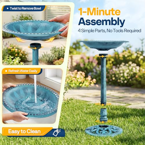 VIVOHOME Bird Bath with Solar Fountain for Outside, Pedestal, Blue | Solar-Powered Pump, Weather-Resistant Polyresin, 20-Inch Bowl, for Outdoor/Garden, Bird-Friendly, Easy to Clean - color: Blue