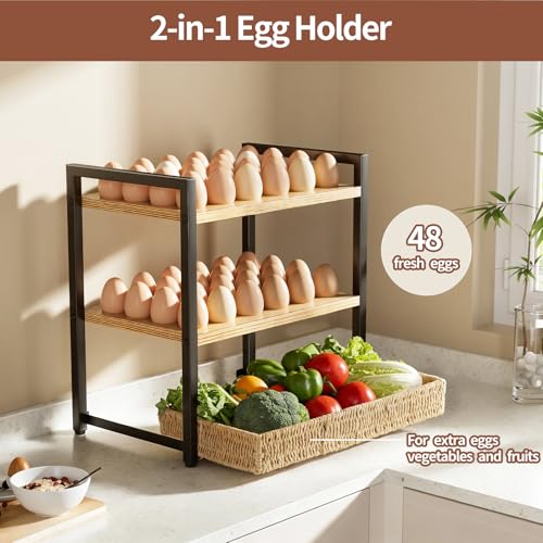 Nuovoware Wooden Egg Holder Countertop, 3-Tier Egg Basket | For 48+60 Eggs, Carry Handle Gathering 100+, Kitchen Storage Home Farmhouse Decor