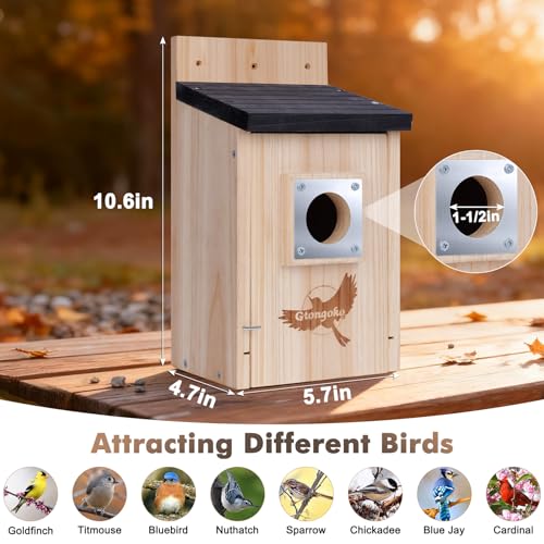 Gtongoko 2 Pack Bluebird Houses for Outside with Metal Predator Guard Black | 1-1/2" entrance, Elevated Mesh Floor, Climbing Grooves, Clean-Out Door, Air-Vent for Bluebirds, wrens, swallows, chickadees - color: Wood color-2pc