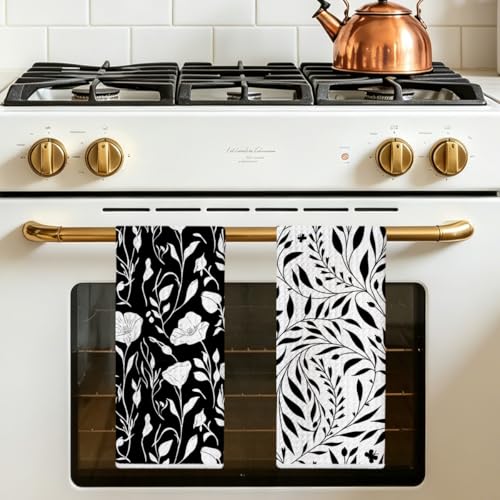2 Pcs Black White Flower Kitchen Towels, Floral Seamless Waffle Hand Towel | Absorbent Microfiber Dish Cloth Tea Towel for Kitchen Bathroom Decor, Housewarming Gifts for Women 24x14 Inch - color: Multi 1376