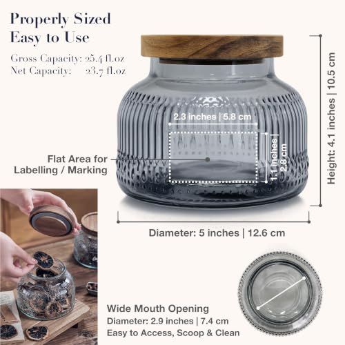 Decorative Grey Ribbed Glass Jar with Airtight Wooden Lid, 25.4 fl. oz | Wide mouth vintage storage canister, kitchen pantry bathroom organization, coffee sugar tea cookie candy candle vase gift - size: 25.4 Ounces, style: Grey Ribbed