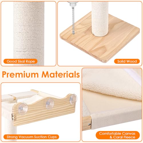 Keaber 44in Cat Scratching Post with Window Perch, Sisal Rope and Cozy Pad | Adjustable Scratching Post for Large Cats, for Climbing Bird Watching Sleeping, Spring Feeding Toy, Washable Cushion