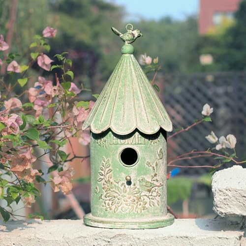 Metal Hanging Birdhouses for Outdoors Bird Houses for Outside Unique Bird Nest for Bluebird Wren Chickadee Sparrow Bird Nest Box for Garden Patio - color: Green