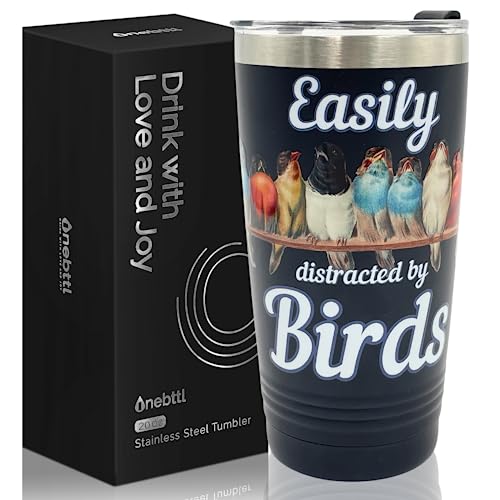 Onebttl Bird Watching Tumbler, 20oz Stainless Steel Insulated with Lid & Straw, Gift Card & Box Included, Perfect for Bird Lovers & Watchers, Birthday Gift - 360 Black - color: Black-Easily distracted by birds