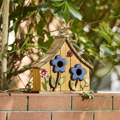 Glitzhome Bird Houses for Outside, 10.75" L Distressed Solid Wood Hanging Birdhouse with 3D Flowers Rustic Two-Story Townhouse Hand-Painted Garden Bird Houses for Outdoors,Washed Yellow - color: 10.75"L 3D Flowers Washed Yellow