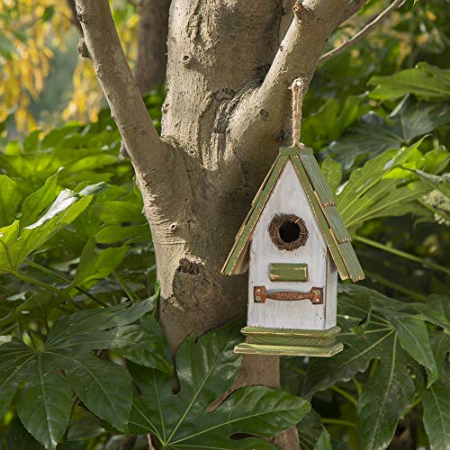 Glitzhome 10.25" L Hanging Birdhouse Green White Roof Wooden Garden Bird House for Outdoor - color: Green White
