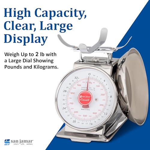San Jamar Escali Promzr Mechanical Dial Scale with Bowl for Kitchens and Restaurants, Metal, 2 Pounds, Silver
