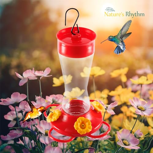 Nature's Rhythm Bird Feeder 4 bee Guard Plastic Yellow Flowers Feeding Port 8oz Glass Pinch Waist Hummingbird Feeder (1Pcs) - color: Red-Yellow Flowers, size: 1pcs