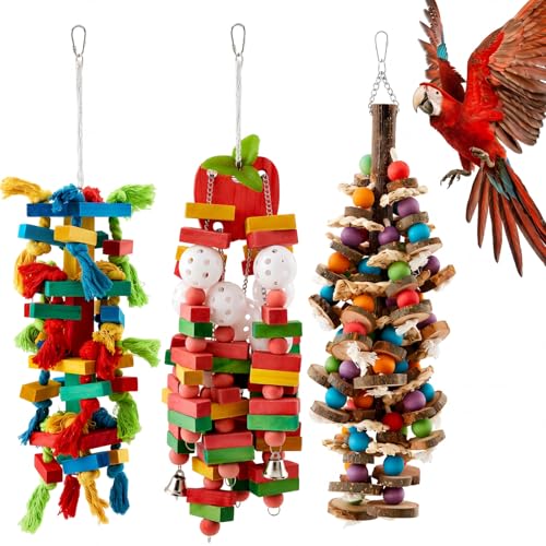 Seenelling 3 Pcs Extra Large Bird Toys for Parrots, Block and Ball | Multicolored Natural Wooden Blocks & Beads Bells, Bird Cage Chewing Toys for Large Medium Macaws African Grey Cockatoos - style: Block and Ball
