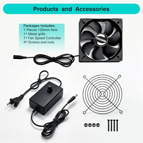 120mm AC Computer Cooling Fan, 110V-240V Speed Controller, for PC, Router | Wall plug exhaust with 5ft cord, metal guard, 25mm thick, for AV cabinet, receiver, amplifier, electronics, and greenhouse