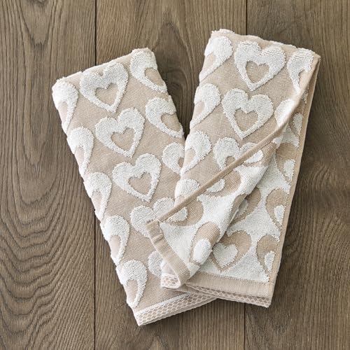 SKL Home Valentine's Day Hearts Jacquard 100% Cotton Reversible 2pc Hand Towel Set, Decorative for Bath/Kitchen/Bar & Gift, Tan - color: Hearts Jacquard, Tan