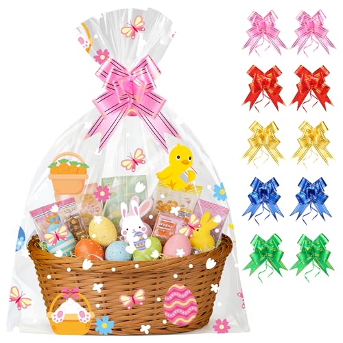 Soarvita 10PCS Large Easter Basket Bags with Bows: 20×28 Inch Clear Cellophane Wrap for Gift Baskets - 2.8 Mil Thick Easter Cellophane Bags for Oversized Toys Holiday Hampers and Gift Wrapping