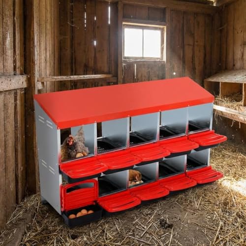 GarveeHome 2-Tier Chicken Nesting Box, 10 Compartment Metal Chicken Laying Boxes with Waterproof Roof ＆ Removable Trays for Hens, Poultry，Easy Egg Collection - color: Red, size: 10 holes