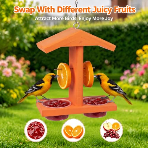 Oriole Feeder, Oriole Feeders for Outdoors, Wooden Feeder for Oriole Birds with Double Cup for Jelly or Jam,Fruit,Nectar or Seed, Orange