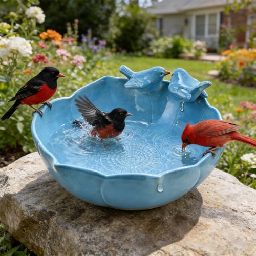 Glazed Ceramic Bird Bath Bowl Outdoor, 10.1" Dia, UV/Frost-Resistant | Ground Birdbath and Feeders for Outside, Table Top Bird Baths, Garden Patio Yard Decor, Easy to Maintain, with Texture, Blue - color: Blue