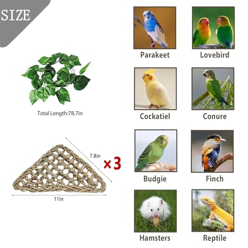 BNOSDM Bird Seagrass Mat, 3 PCS 7.1 x 7.1 Inches Parrot Natural Seagrass Woven Bird Net Hammock Mats Chew Toys Bird Hideout Cage Accessories for Lovebird Cockatiel Conure Budgie Hamster Rats