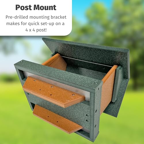DutchCrafters Poly Large Hopper Bird Feeder Post Mount for 4" x 4", Wild Songbird Bird Seed Feeder for Outdoor, Outside, Garden, Yard - Amish Made in USA (Post Mount, Turf Green & Cedar) - color: Turf Green & Cedar, style: Post Mount